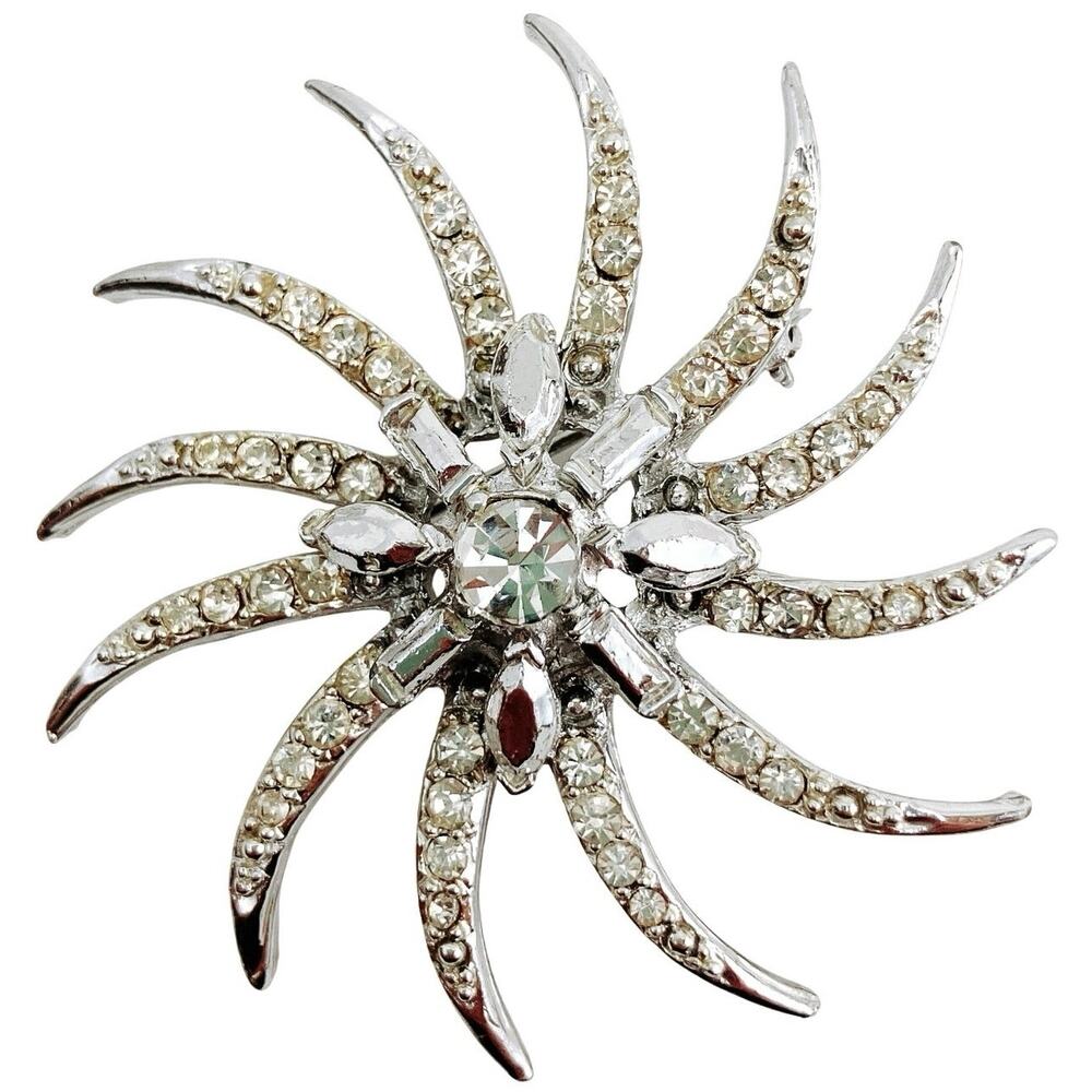 Vintage Mid Century Brooch Silver Tone Starburst Clear Rhinestone Jewelry